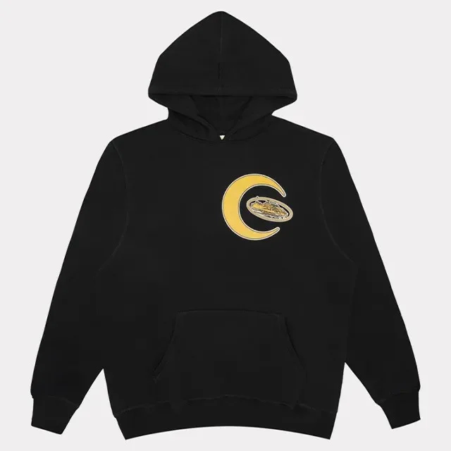 a black sweatshirt with a yellow crescent and a crescent moon